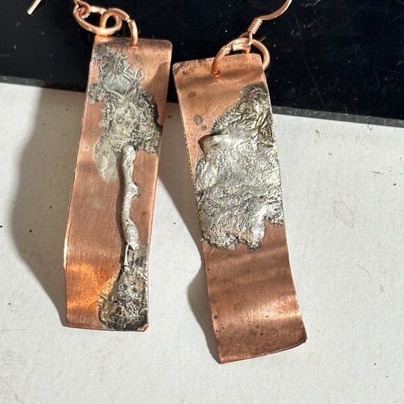 Sterling Silver 925 Reticulated Copper Earrings Rustic Gift Handmade Brutalist - Picture 3 of 8